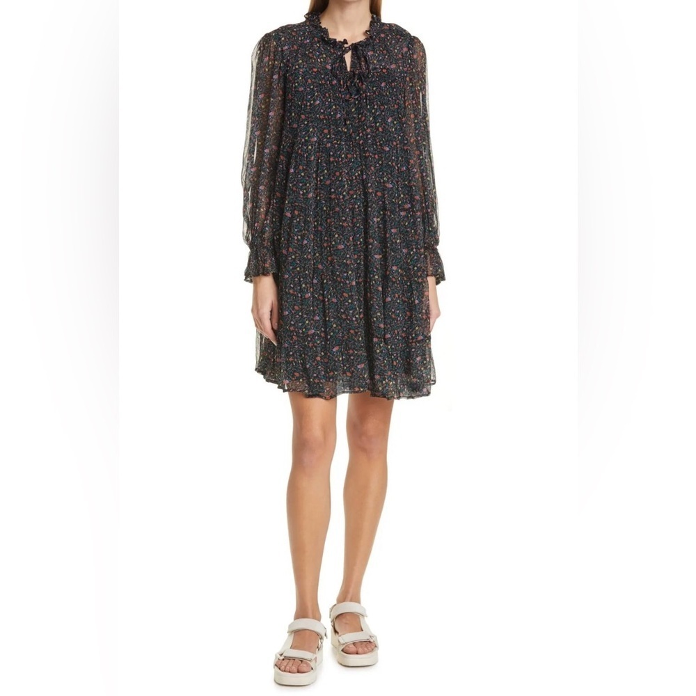 Sea New York Bennet Floral Mini Dress Ruffle Hem Long Sleeve Size M